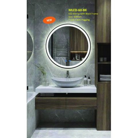 BLACK FRAME ROUND MIRROR WITH LED MLED-60-BK